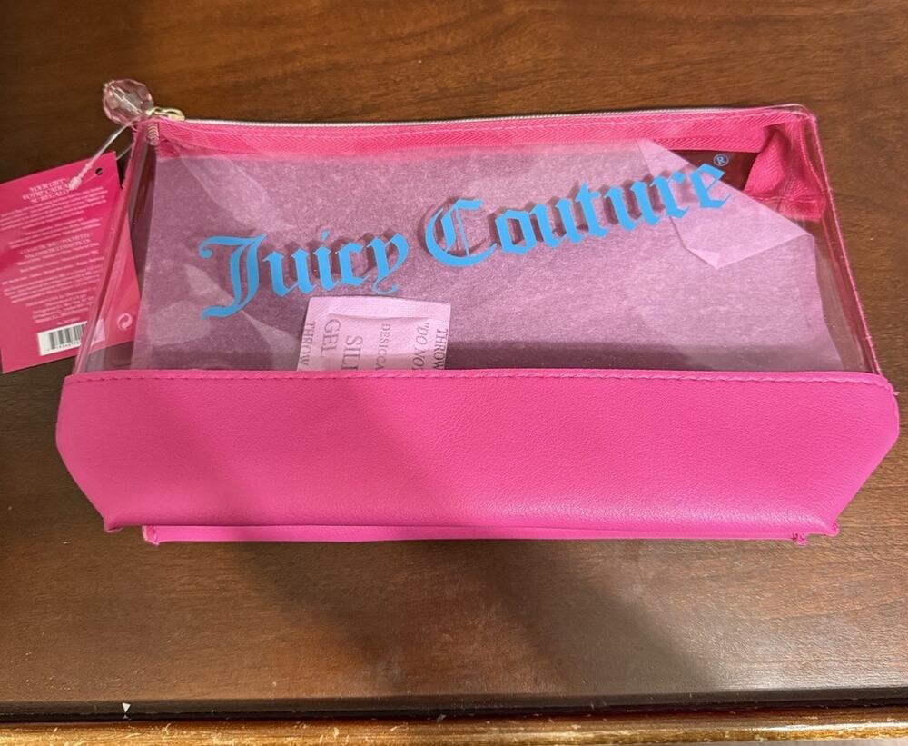 NWT Juicy Couture Clear Cosmetic Bag Pouch Teal 9" X 6" New Pink Coquette
